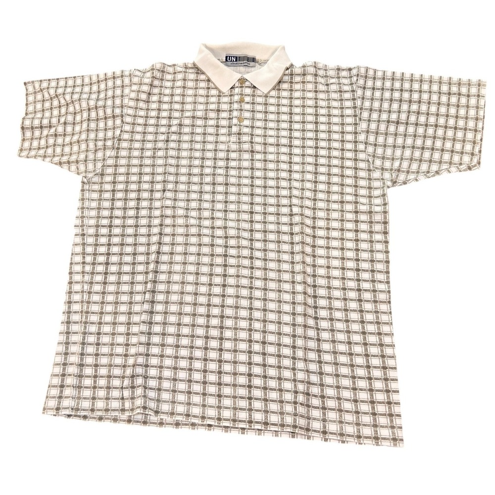 Untied Polo Shirt Mens Large Brown Cream Grid Placket Excellent Short Sleeve